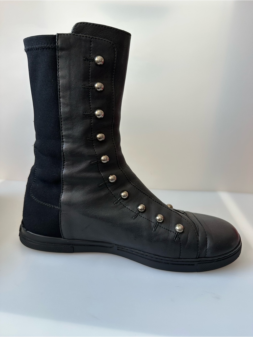 AUTHENTIC STUART WEITZMAN Studded Mid-Calf Black Leather Pull Boots - Picture 13 of 15